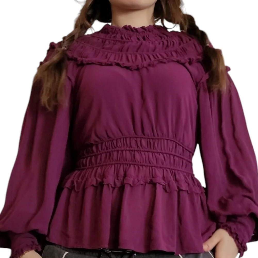 Farm Rio Plum Ruffle Blouse M | Romantic Boho Chic Long Sleeve Flowy Top - Picture 2 of 9